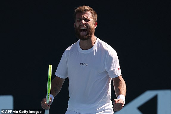 France's Corentin Moutet reacts on a point against USA's Mitchell Krueger during their men's singles match on day five of the Australian Open tennis tournament in Melbourne on January 16, 2025. (Photo by DAVID GRAY / AFP) / -- IMAGE RESTRICTED TO EDITORIAL USE - STRICTLY NO COMMERCIAL USE -- (Photo by DAVID GRAY/AFP via Getty Images)
