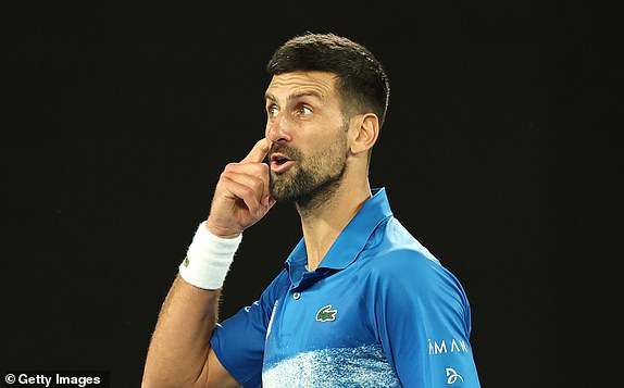 MELBOURNE, AUSTRALIA - JANUARY 19: Novak Djokovic of Serbia gestures to the crowd against Jiri Lehecka of the Czech Republic in the Men's Singles Fourth Round match during day eight of the 2025 Australian Open at Melbourne Park on January 19, 2025 in Melbourne, Australia. (Photo by Cameron Spencer/Getty Images)