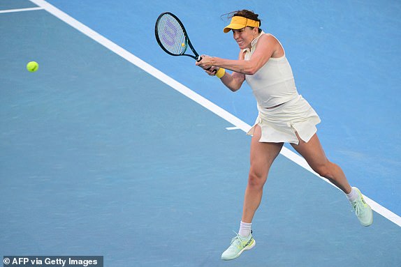 Russia's Anastasia Pavlyuchenkova hits a return against Belarus' Aryna Sabalenka during their women's singles quarterfinal match on day ten of the Australian Open tennis tournament in Melbourne on January 21, 2025. (Photo by Yuichi YAMAZAKI / AFP) / -- IMAGE RESTRICTED TO EDITORIAL USE - STRICTLY NO COMMERCIAL USE -- (Photo by YUICHI YAMAZAKI/AFP via Getty Images)