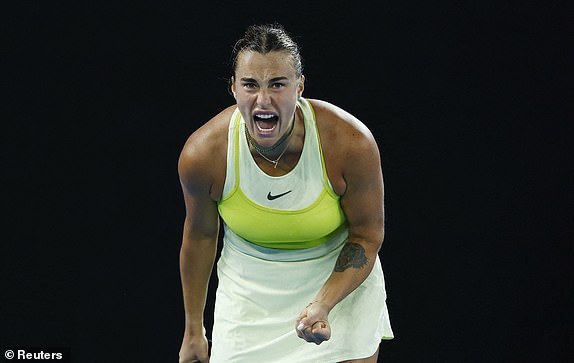 Tennis - Australian Open - Melbourne Park, Melbourne, Australia - January 21, 2025 Belarus' Aryna Sabalenka reacts during her quarter final match against Russia's Anastasia Pavlyuchenkova REUTERS/Kim Kyung-Hoon