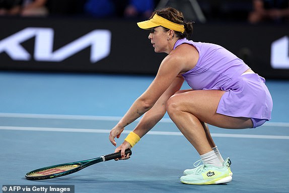 Russia's Anastasia Pavlyuchenkova reacts to a point against Belarus' Aryna Sabalenka during their women's singles quarterfinal match on day ten of the Australian Open tennis tournament in Melbourne on January 21, 2025. (Photo by Martin KEEP / AFP) / -- IMAGE RESTRICTED TO EDITORIAL USE - STRICTLY NO COMMERCIAL USE -- (Photo by MARTIN KEEP/AFP via Getty Images)