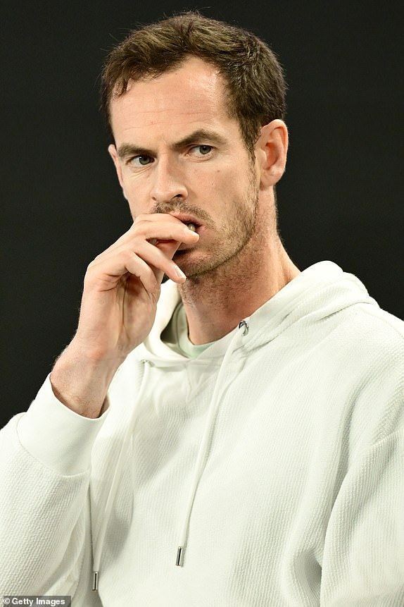 MELBOURNE, AUSTRALIA - JANUARY 21: Andy Murray, Coach of Novak Djokovic, looks on ahead of the Men's Singles Quarterfinal match between Carlos Alcaraz of Spain and Novak Djokovic of Serbia during day 10 of the 2025 Australian Open at Melbourne Park on January 21, 2025 in Melbourne, Australia. (Photo by Hannah Peters/Getty Images)
