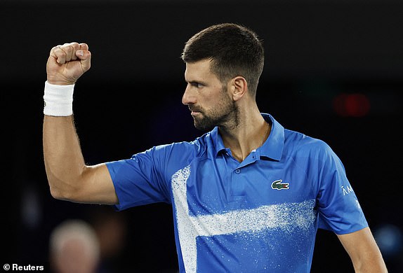Tennis - Australian Open - Melbourne Park, Melbourne, Australia - January 21, 2025 Serbia's Novak Djokovic reacts during his quarter final match against Spain's Carlos Alcaraz REUTERS/Francis Mascarenhas