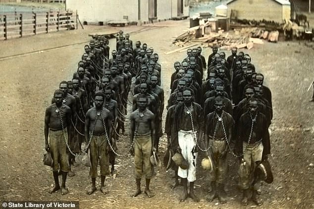 Prema teniskoj legendi, slike poput ove fotografije starosjedilačkih muškaraca vezanih lancima za vrat u Wyndhamu, Zapadna Australija, predstavljaju odnos prema naciji koji je 'ponekad bio pomalo nestabiln'