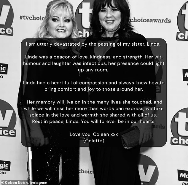 Njezina sestra i panelistica Loose Women Coleen Nolan također je podijelila zasebnu izjavu na Instagramu