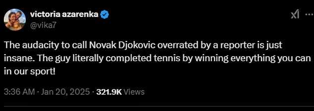 Beckeru se u obrani Jonesa pridružila bivša prva teniserka svijeta Victoria Azarenka