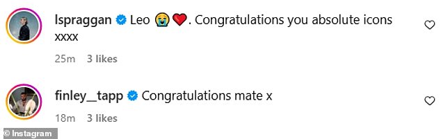 Prijatelji i obitelj para požurili su na odjeljak za komentare kako bi im čestitali, uključujući i mnoštvo zvijezda Love Island