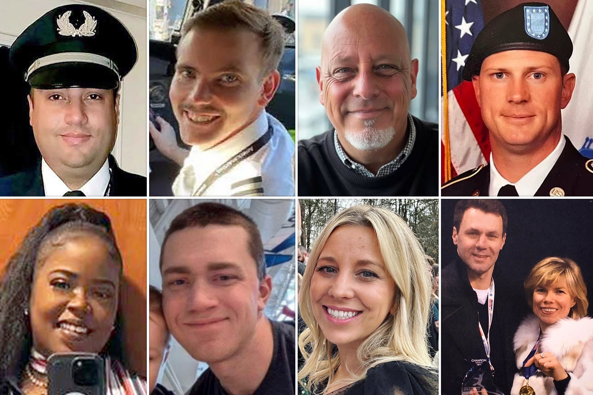 Neke od mnogih žrtava zrakoplova u Washingtonu. Vrhunski red LR: Jonathan Campos, Samuel Lilley, Ian Epstein, Andrew Eaves. Donji red LR: Danasia Elder, Ryan O'Hara, Wendy Jo Shaffer, Vadim Naumov/Evgenia Shishkova.