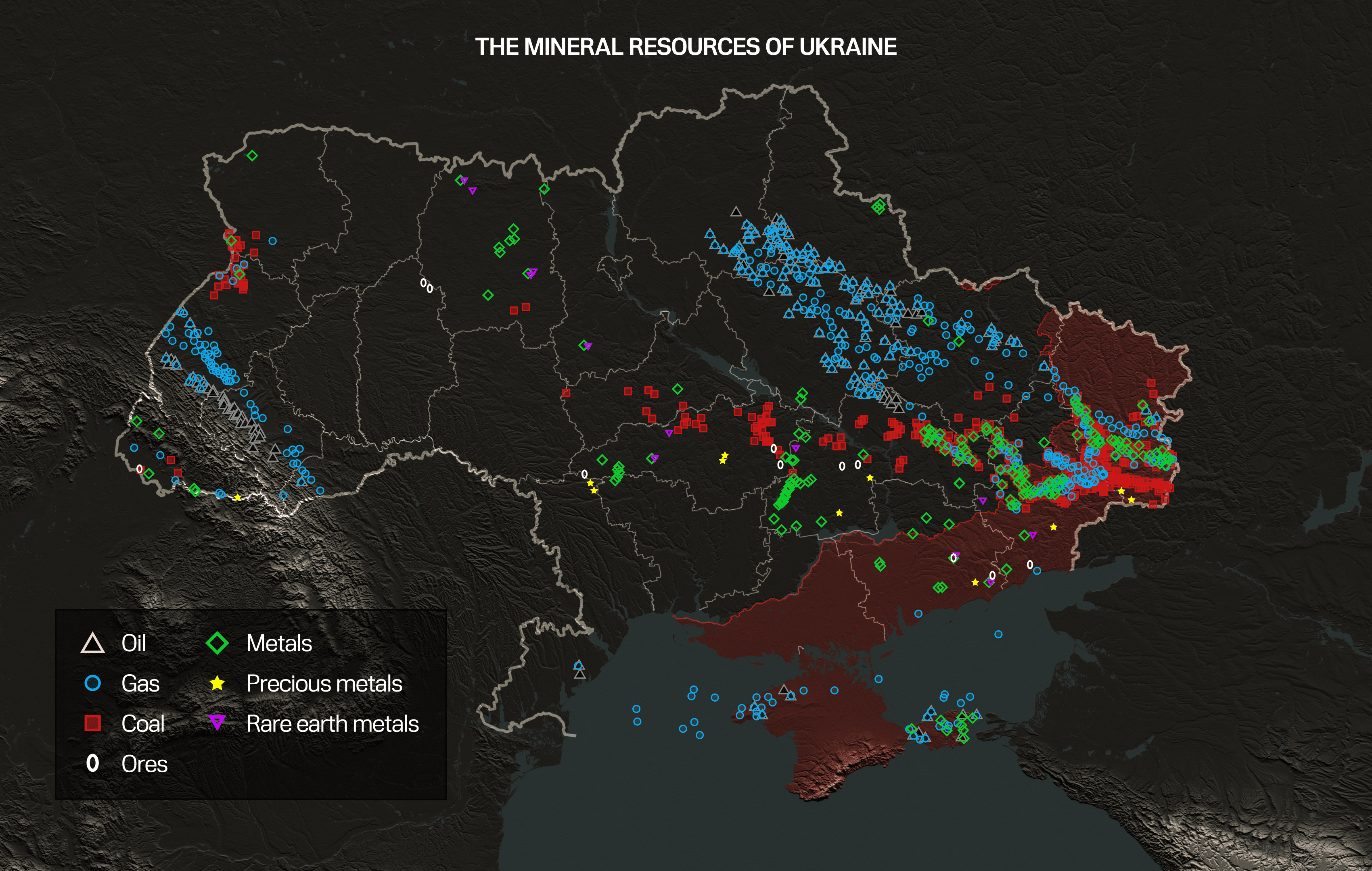 Karta koju je pružila ukrajinska grupa UnitedMedia 24 prikazuje mjesto kritičnih mineralnih resursa u cijeloj zemlji