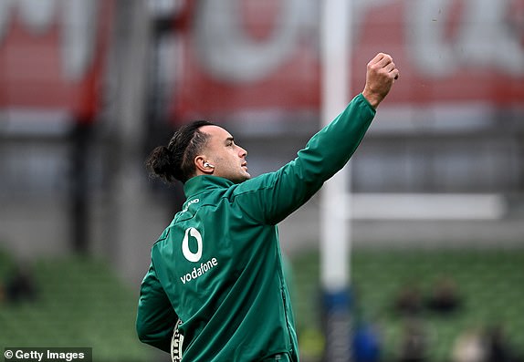 DUBLIN, IRELAND - FEBRUARY 01: James Lowe of Ireland throws a blade of grass as he inspects the pitch prior to the Guinness Six Nations 2025 match between Ireland and England at Aviva Stadium on February 01, 2025 in Dublin, Ireland. (Photo by Charles McQuillan/Getty Images)