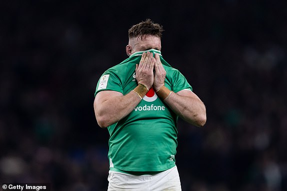 LONDON, ENGLAND - MARCH 9: Jack Conan of Ireland looks dejected after their sides defeat during the Guinness Six Nations 2024 match between England and Ireland at Twickenham Stadium on March 9, 2024 in London, England.(Photo by Gaspafotos/MB Media/Getty Images)