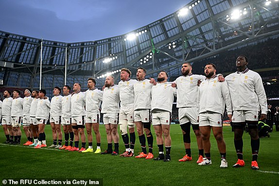 DUBLIN, IRELAND - FEBRUARY 01: A general view as players of England sing their national anthem prior to the Guinness Six Nations 2025 match between Ireland and England at Aviva Stadium on February 01, 2025 in Dublin, Ireland. (Photo by Dan Mullan - RFU/The RFU Collection via Getty Images)