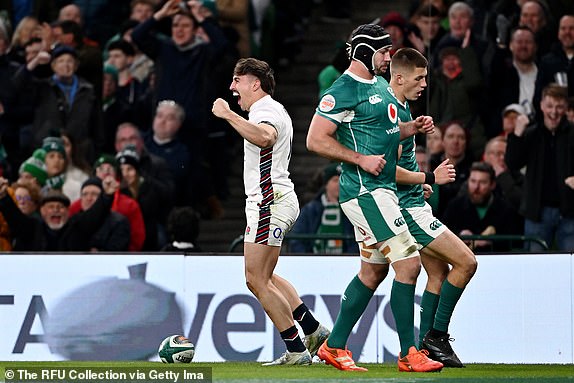 DUBLIN, IRELAND - FEBRUARY 01: Cadan Murley of England celebrates scoring his team's first try during the Guinness Six Nations 2025 match between Ireland and England at Aviva Stadium on February 01, 2025 in Dublin, Ireland. (Photo by Dan Mullan - RFU/The RFU Collection via Getty Images)