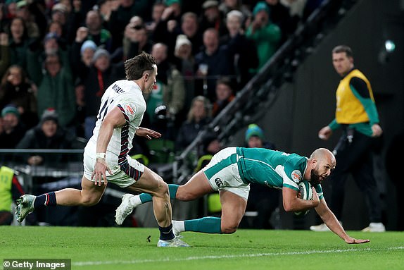 DUBLIN, IRELAND - FEBRUARY 01: Jamison Gibson-Park of Ireland scores his team's first try during the Guinness Six Nations 2025 match between Ireland and England at Aviva Stadium on February 01, 2025 in Dublin, Ireland. (Photo by David Rogers/Getty Images)