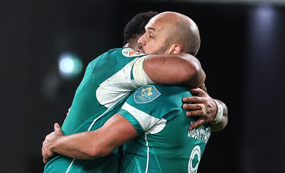 2025 Guinness Six Nations Championship Round 1, Aviva Stadium, Dublin, Ireland 1/2/2025Ireland vs EnglandIreland's Jamison Gibson-Park celebrates scoring their first try with Bundee AkiMandatory Credit Â©INPHO/Billy Stickland