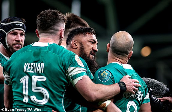 Ireland's Bundee Aki celebrates scoring their side's second try during the Guinness Men's Six Nations match at the Aviva Stadium in Dublin, Ireland. Picture date: Saturday February 1, 2025. PA Photo. See PA story RUGBYU Ireland. Photo credit should read: Evan Treacy/PA Wire.RESTRICTIONS: Use subject to restrictions. Editorial use only, no commercial use without prior consent from rights holder.