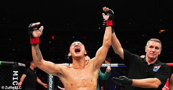 SYDNEY, AUSTRALIA - FEBRUARY 09: Rongzhu of China reacts after a victory against Kody Steele in a lightweight fight during the UFC 312 event at Qudos Bank Arena on February 09, 2025 in Sydney, Australia.  (Photo by Jeff Bottari/Zuffa LLC)