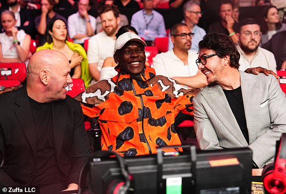 SYDNEY, AUSTRALIA - FEBRUARY 09: Israel Adesanya is seen with UFC CEO Dana White (L) and Chief Business Officer Hunter Campbell (R) during the UFC 312 event at Qudos Bank Arena on February 09, 2025 in Sydney, Australia.  (Photo by Jeff Bottari/Zuffa LLC)