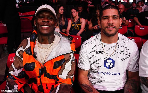 SYDNEY, AUSTRALIA - FEBRUARY 09: (L-R) Israel Adesanya and Alex Pereira are seen in attendance during the UFC 312 event at Qudos Bank Arena on February 09, 2025 in Sydney, Australia.  (Photo by Jeff Bottari/Zuffa LLC)