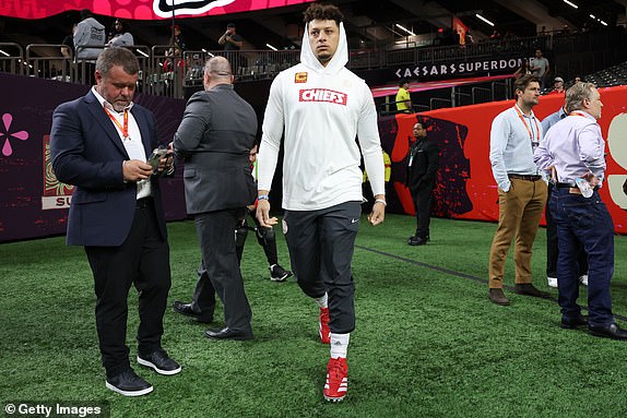 NEW ORLEANS, LOUISIANA - FEBRUARY 09: Patrick Mahomes #15 of the Kansas City Chiefs walks onto the field prior to Super Bowl LIX against the Philadelphia Eagles at Caesars Superdome on February 09, 2025 in New Orleans, Louisiana. (Photo by Jamie Squire/Getty Images)
