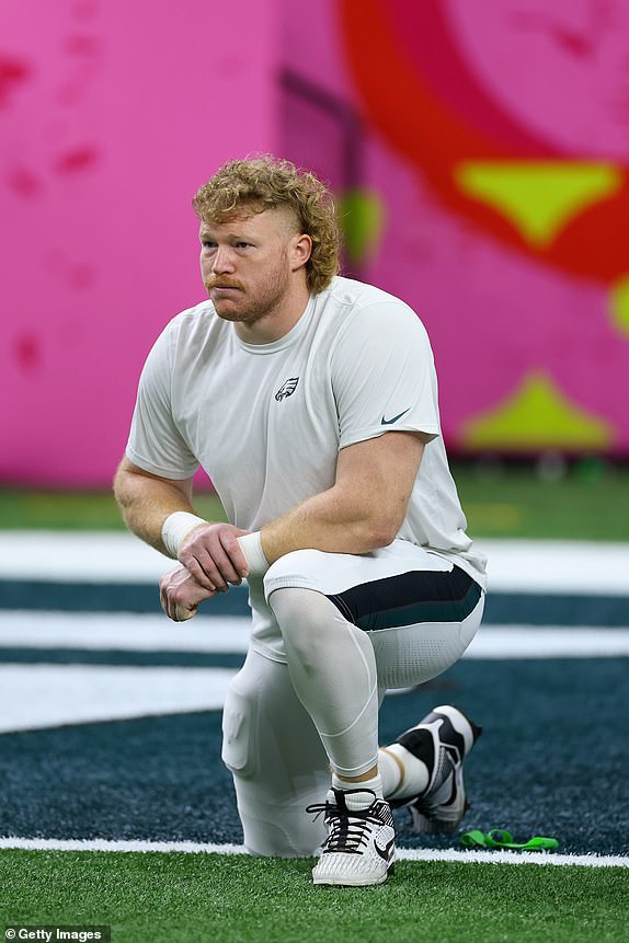 NEW ORLEANS, LOUISIANA - FEBRUARY 09: Cam Jurgens #51 of the Philadelphia Eagles warms up before Super Bowl LIX against the Kansas City Chiefs at Caesars Superdome on February 09, 2025 in New Orleans, Louisiana. (Photo by Gregory Shamus/Getty Images)