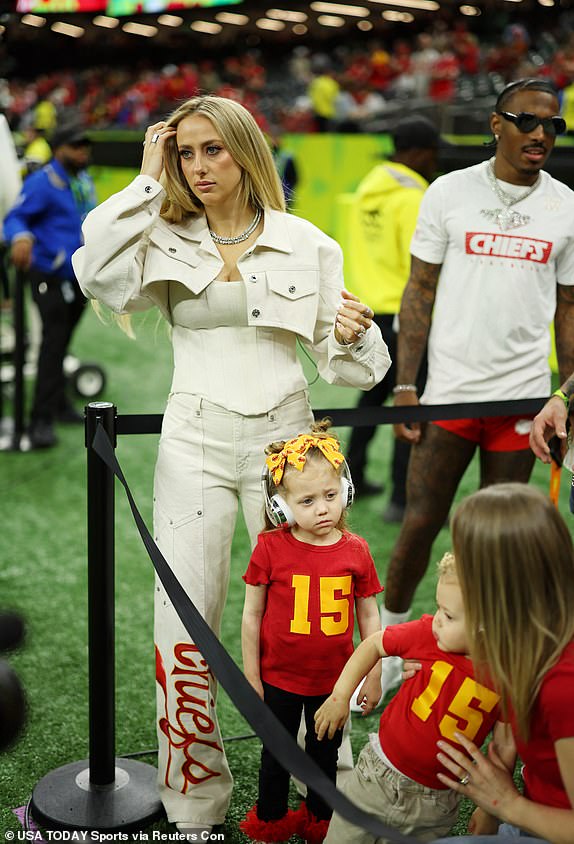 Feb 9, 2025; New Orleans, LA, USA; Brittany Mahomes and daughter Sterling Skye before Super Bowl LIX between the Philadelphia Eagles and the Kansas City Chiefs at Caesars Superdome. Mandatory Credit: Geoff Burke-Imagn Images