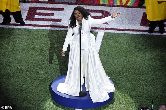epa11885224 US singer Ledisi performs 'Lift Every Voice and Sing' during the pre-game of Super Bowl LIX between the Kansas City Chiefs and the Philadelphia Eagles at Caesars Superdome in New Orleans, Louisiana, USA, 09 February 2025. The Super Bowl is the annual championship game of the NFL between the AFC Champion and the NFC Champion and has been held every year since 1967.  EPA/CJ GUNTHER
