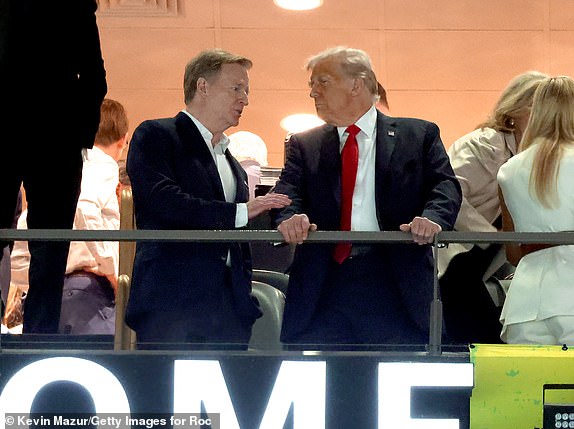 NEW ORLEANS, LOUISIANA - FEBRUARY 09: (L-R) Roger Goodell and U.S. President Donald Trump attends the Super Bowl LIX Pregame at Caesars Superdome on February 09, 2025 in New Orleans, Louisiana.  (Photo by Kevin Mazur/Getty Images for Roc Nation)