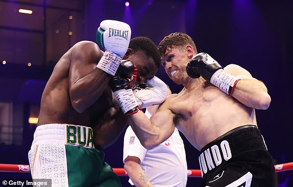 RIYADH, SAUDI ARABIA - FEBRUARY 22: Callum Smith punches Joshua Buatsi during the WBO Interim World Light Heavyweight Title fight between Joshua Buatsi and Callum Smith as part of Beterbiev v Bivol 2: The Last Crescendo at Kingdom Arena on February 22, 2025 in Riyadh, Saudi Arabia. (Photo by Richard Pelham/Getty Images)