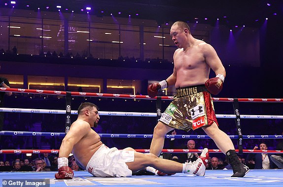 RIYADH, SAUDI ARABIA - FEBRUARY 22: Zhilei Zhang knocks down Agit Kabayel during the WBC Interim World Heavyweight Title fight between Zhilei Zhang and Agit Kabayel as part of Beterbiev v Bivol 2: The Last Crescendo at Kingdom Arena on February 22, 2025 in Riyadh, Saudi Arabia. (Photo by Richard Pelham/Getty Images)