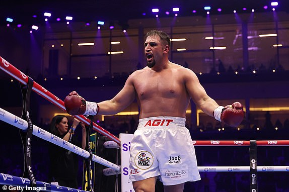 RIYADH, SAUDI ARABIA - FEBRUARY 22: Agit Kabayel celebrates victory after the WBC Interim World Heavyweight Title fight between Zhilei Zhang and Agit Kabayel as part of Beterbiev v Bivol 2: The Last Crescendo at Kingdom Arena on February 22, 2025 in Riyadh, Saudi Arabia. (Photo by Richard Pelham/Getty Images)