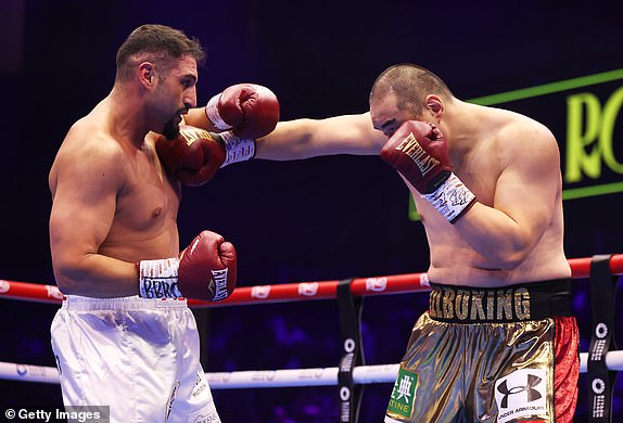 RIYADH, SAUDI ARABIA - FEBRUARY 22: Zhilei Zhang punches Agit Kabayel during the WBC Interim World Heavyweight Title fight between Zhilei Zhang and Agit Kabayel as part of Beterbiev v Bivol 2: The Last Crescendo at Kingdom Arena on February 22, 2025 in Riyadh, Saudi Arabia. (Photo by Richard Pelham/Getty Images)