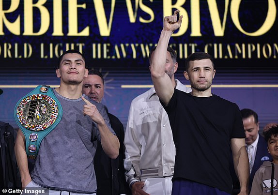 RIYADH, SAUDI ARABIA - FEBRUARY 21: Vergil Ortiz Jr and Israil Madrimov pose for a photo during the weigh-in ahead of their WBC Interim World Super Welterweight title fight as part of Beterbiev v Bivol 2: The Last Crescendo at Boulevard Fountain on February 21, 2025 in Riyadh, Saudi Arabia. (Photo by Richard Pelham/Getty Images)