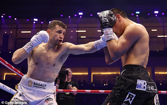 RIYADH, SAUDI ARABIA - FEBRUARY 22: Israil Madrimov punches Vergil Ortiz Jr during the WBC Interim World Super Welterweight Title fight between Vergil Ortiz Jr and Israil Madrimov as part of Beterbiev v Bivol 2: The Last Crescendo at Kingdom Arena on February 22, 2025 in Riyadh, Saudi Arabia. (Photo by Richard Pelham/Getty Images)