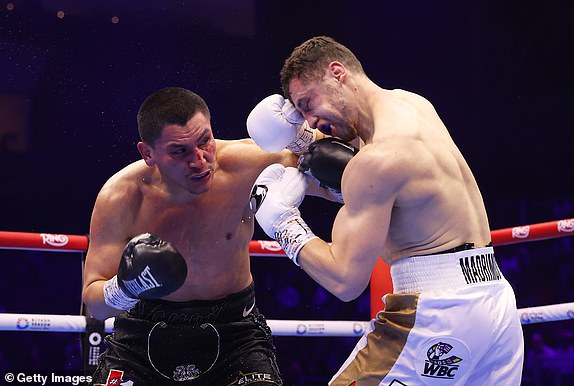 RIYADH, SAUDI ARABIA - FEBRUARY 22: Vergil Ortiz Jr punches Israil Madrimov during the WBC Interim World Super Welterweight Title fight between Vergil Ortiz Jr and Israil Madrimov as part of Beterbiev v Bivol 2: The Last Crescendo at Kingdom Arena on February 22, 2025 in Riyadh, Saudi Arabia. (Photo by Richard Pelham/Getty Images)