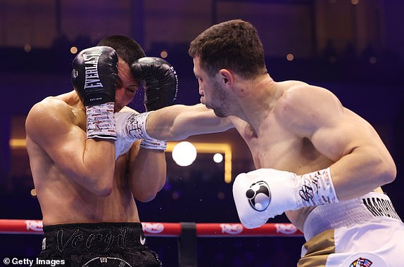 RIYADH, SAUDI ARABIA - FEBRUARY 22: Israil Madrimov punches Vergil Ortiz Jr during the WBC Interim World Super Welterweight Title fight between Vergil Ortiz Jr and Israil Madrimov as part of Beterbiev v Bivol 2: The Last Crescendo at Kingdom Arena on February 22, 2025 in Riyadh, Saudi Arabia. (Photo by Richard Pelham/Getty Images)