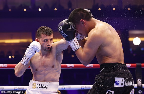 RIYADH, SAUDI ARABIA - FEBRUARY 22: Israil Madrimov punches Vergil Ortiz Jr during the WBC Interim World Super Welterweight Title fight between Vergil Ortiz Jr and Israil Madrimov as part of Beterbiev v Bivol 2: The Last Crescendo at Kingdom Arena on February 22, 2025 in Riyadh, Saudi Arabia. (Photo by Richard Pelham/Getty Images)