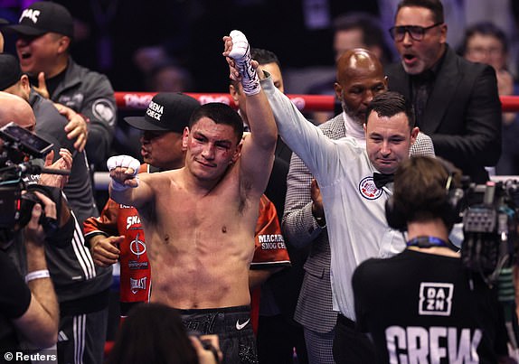 Boxing - Vergil Ortiz Jr v Israil Madrimov - anb Arena, Riyadh, Saudi Arabia - February 22, 2025 Vergil Ortiz Jr celebrates after winning his fight with Israil Madrimov REUTERS/Hamad I Mohammed