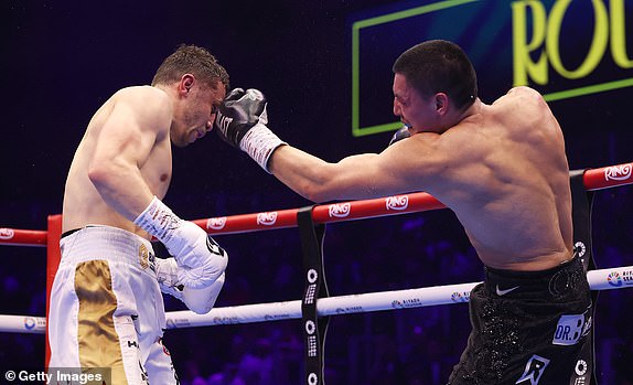 RIYADH, SAUDI ARABIA - FEBRUARY 22: Vergil Ortiz Jr punches Israil Madrimov during the WBC Interim World Super Welterweight Title fight between Vergil Ortiz Jr and Israil Madrimov as part of Beterbiev v Bivol 2: The Last Crescendo at Kingdom Arena on February 22, 2025 in Riyadh, Saudi Arabia. (Photo by Richard Pelham/Getty Images)