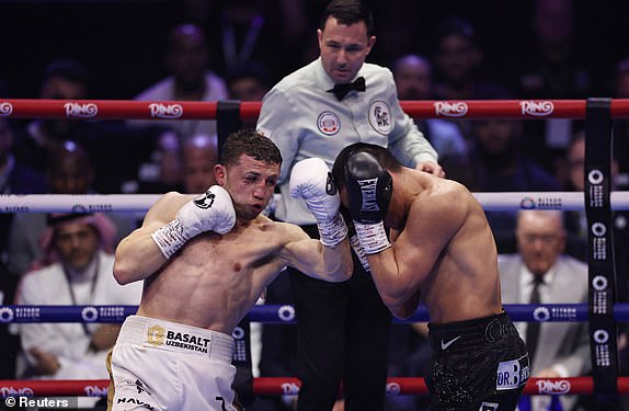 Boxing - Vergil Ortiz Jr v Israil Madrimov - anb Arena, Riyadh, Saudi Arabia - February 22, 2025 Israil Madrimov in action during his fight with Vergil Ortiz Jr REUTERS/Hamad I Mohammed