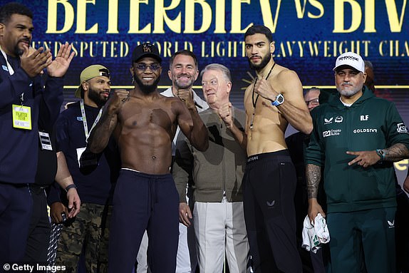 RIYADH, SAUDI ARABIA - FEBRUARY 21: Carlos Adames and Hamzah Sheeraz face off during the weigh-in as part of Beterbiev v Bivol 2: The Last Crescendo at  on February 21, 2025 in Riyadh, Saudi Arabia. (Photo by Mark Robinson/Getty Images).