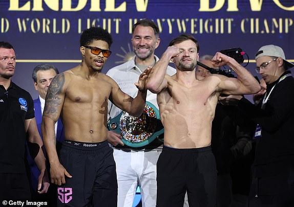 RIYADH, SAUDI ARABIA - FEBRUARY 21: Shakur Stevenson and Josh Padley face off during the weigh-in as part of Beterbiev v Bivol 2: The Last Crescendo at  on February 21, 2025 in Riyadh, Saudi Arabia. (Photo by Mark Robinson/Getty Images).