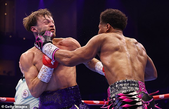 RIYADH, SAUDI ARABIA - FEBRUARY 22: Shakur Stevenson punches Josh Padley during the WBC World Lightweight Title fight between Shakur Stevenson and Josh Padley as part of Beterbiev v Bivol 2: The Last Crescendo at Kingdom Arena on February 22, 2025 in Riyadh, Saudi Arabia. (Photo by Richard Pelham/Getty Images)