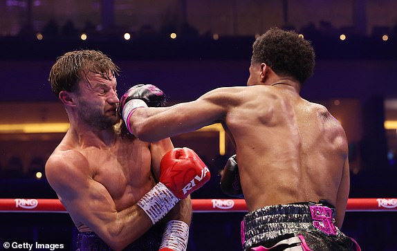 RIYADH, SAUDI ARABIA - FEBRUARY 22: Shakur Stevenson punches Josh Padley during the WBC World Lightweight Title fight between Shakur Stevenson and Josh Padley as part of Beterbiev v Bivol 2: The Last Crescendo at Kingdom Arena on February 22, 2025 in Riyadh, Saudi Arabia. (Photo by Richard Pelham/Getty Images)