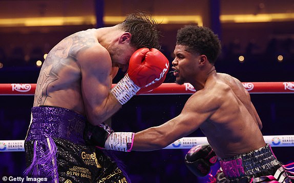 RIYADH, SAUDI ARABIA - FEBRUARY 22: Shakur Stevenson punches Josh Padley during the WBC World Lightweight Title fight between Shakur Stevenson and Josh Padley as part of Beterbiev v Bivol 2: The Last Crescendo at Kingdom Arena on February 22, 2025 in Riyadh, Saudi Arabia. (Photo by Richard Pelham/Getty Images)