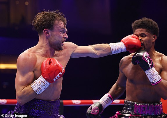 RIYADH, SAUDI ARABIA - FEBRUARY 22: Josh Padley punches Shakur Stevenson during the WBC World Lightweight Title fight between Shakur Stevenson and Josh Padley as part of Beterbiev v Bivol 2: The Last Crescendo at Kingdom Arena on February 22, 2025 in Riyadh, Saudi Arabia. (Photo by Richard Pelham/Getty Images)