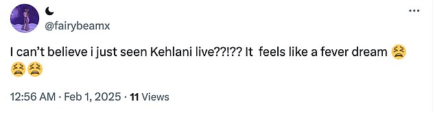 Poznat po svojim duboko osobnim tekstovima i dinamičnom scenskom energijom, Kehlani nije razočarao nekim obožavateljima koji su odlazili na X kako bi pohvalili predstavu showstopping
