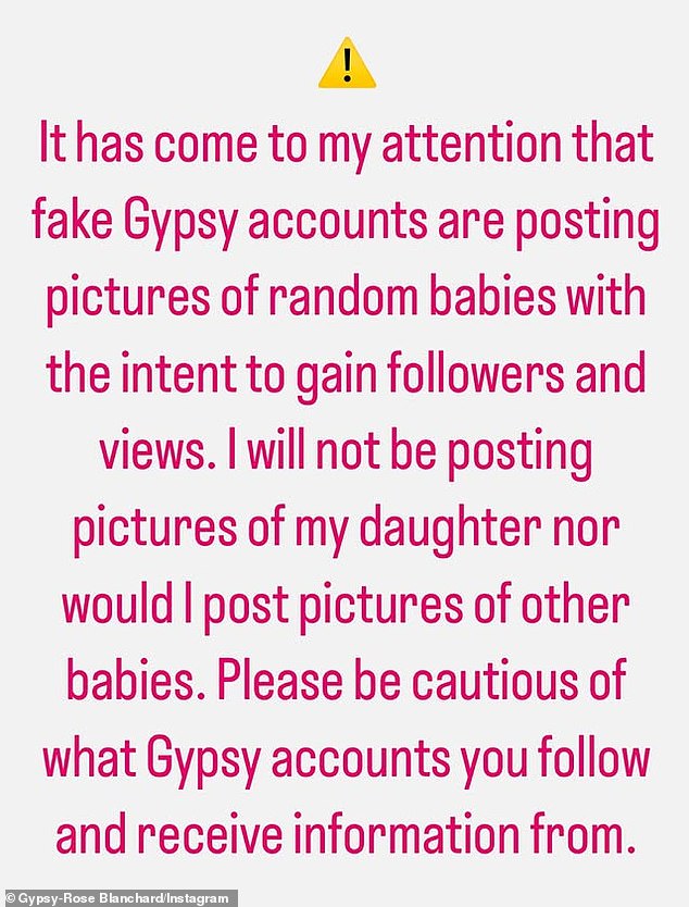33-godišnji bivši bivši instastoriran u srijedu: 'Smatrao mi je da lažni ciganski računi objavljuju slike nasumičnih beba s namjerom da dobiju sljedbenike i stavove. Neću objavljivati ​​slike svoje kćeri niti bih objavio slike drugih beba. Budite oprezni u onoj ciganskom računu koje slijedite '
