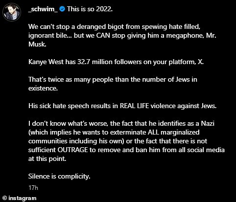 'Ili činjenica da u ovom trenutku nema dovoljno bijesa da ga ukloni i zabrani sa svih društvenih medija. Tišina je saučesnika ', zaključio je David u svojoj poruci Elonu