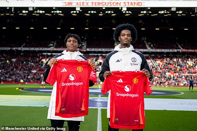 Ayden Heaven (right) was unveiled last month at Old Trafford alongside Patrick Dorgu